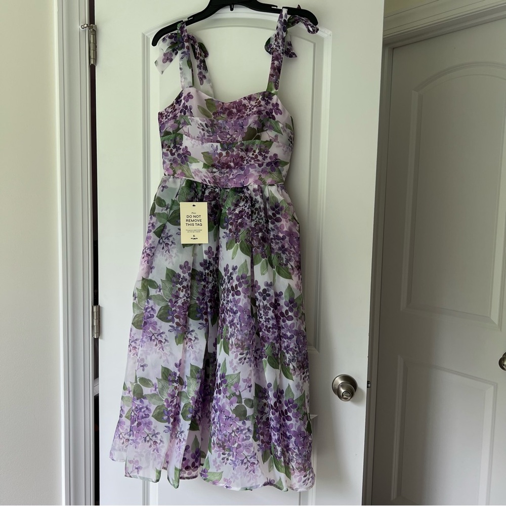 JessaKae Nellie Purple Floral Chiffon Midi A-Line Square Neck Bow Dress XS
